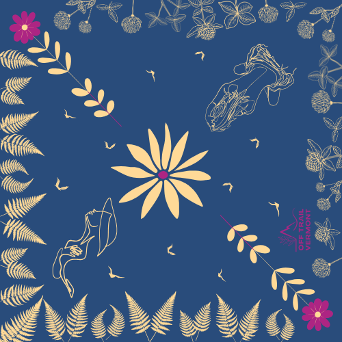 blue yellow and pink bandana with ferns, women and flowers