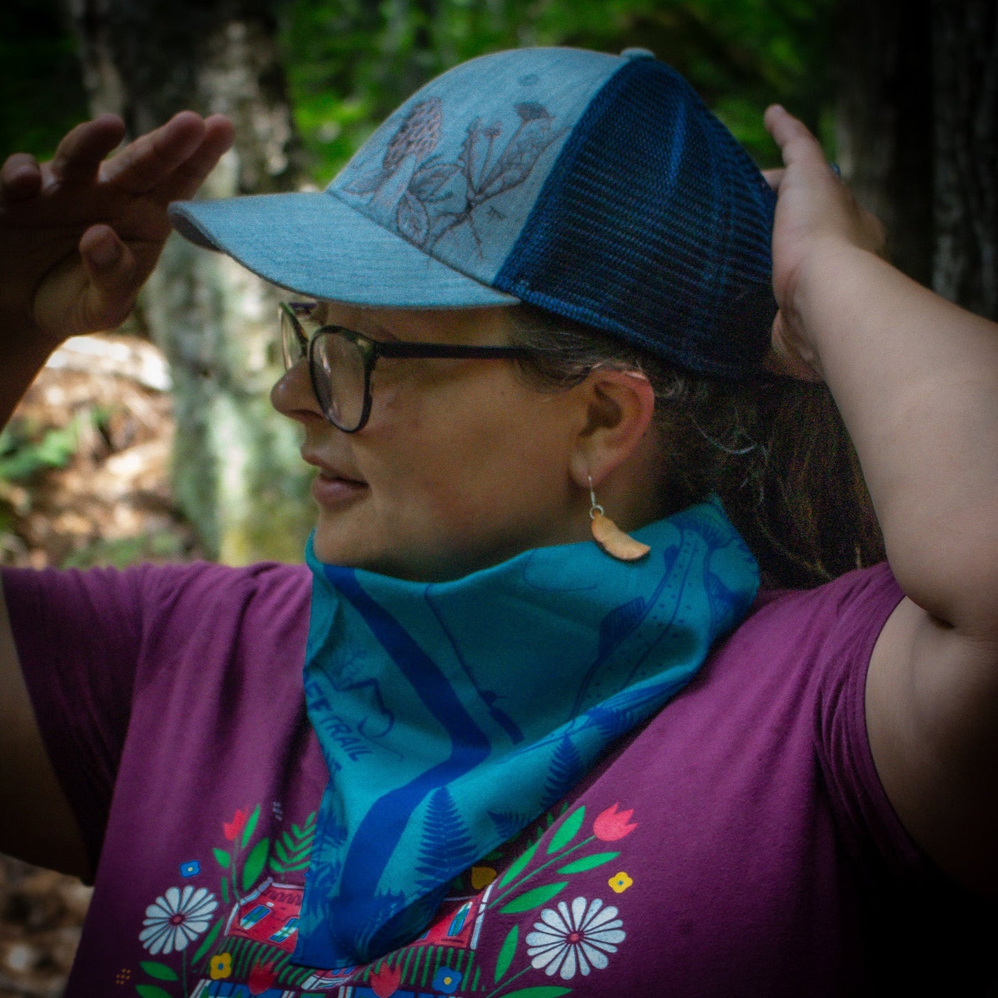 Blue river bandana on woman by the river