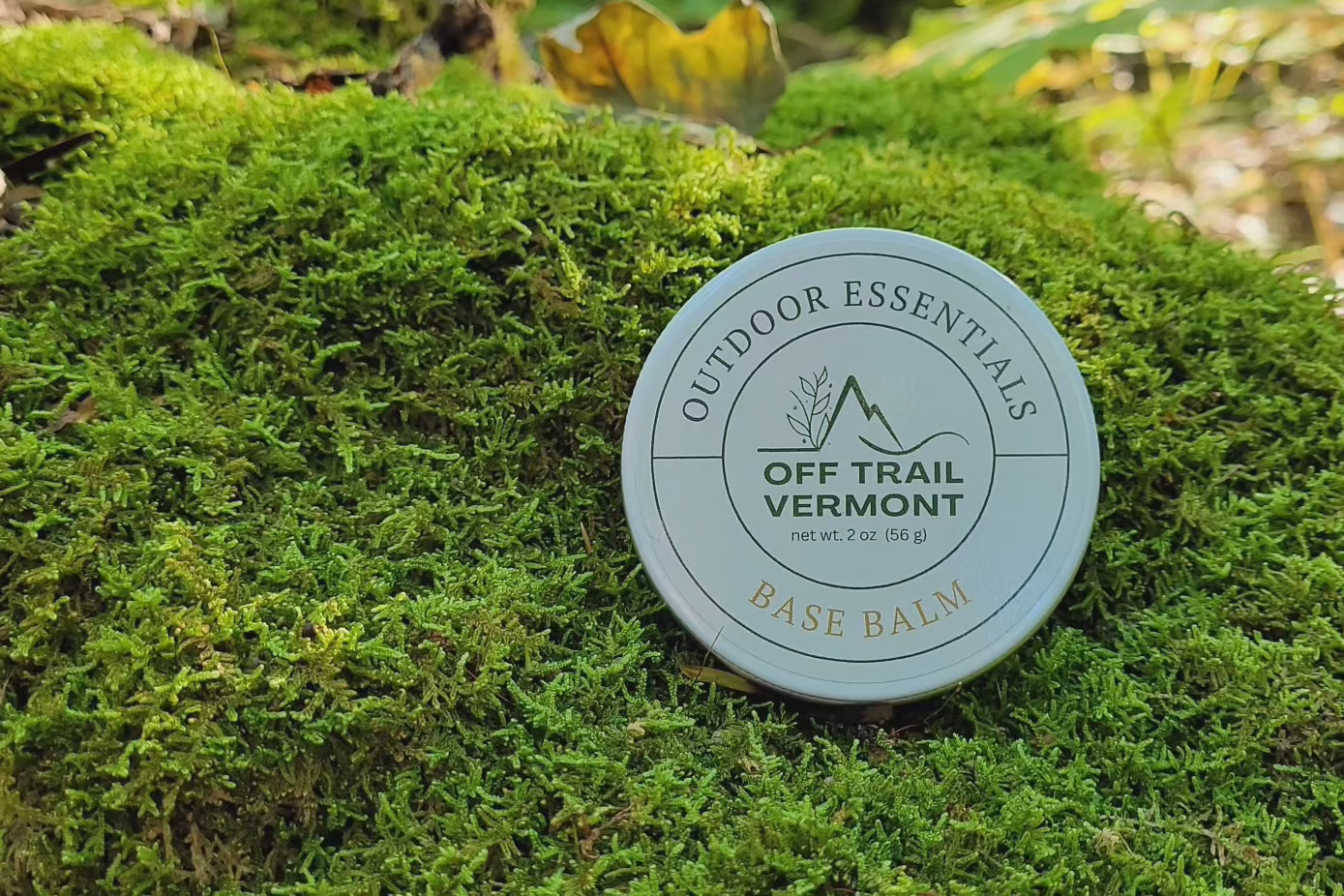 herbal balm for hiking pack pictured on moss in the vermont woods
