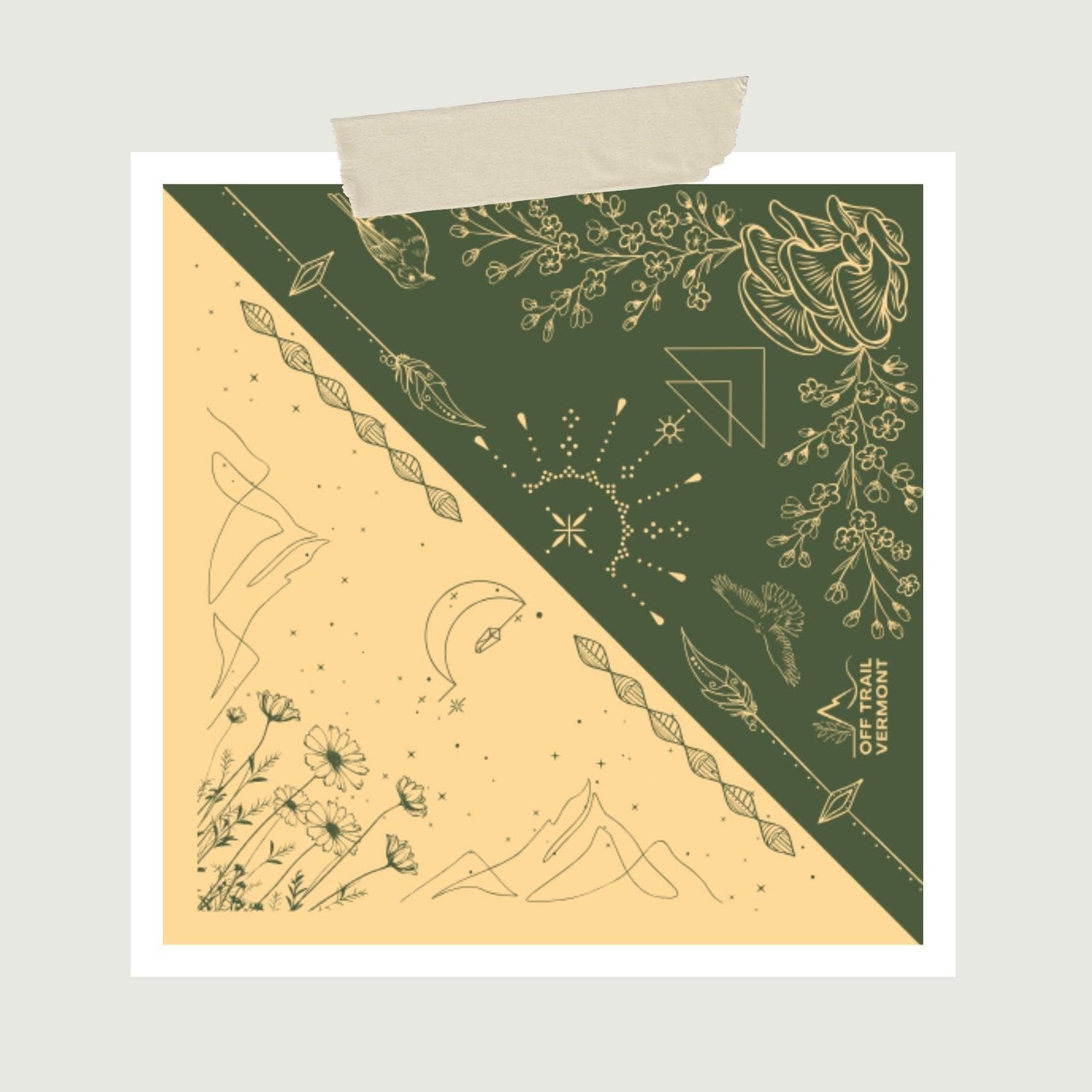 Green and beige bandana split design with text on a light gray background