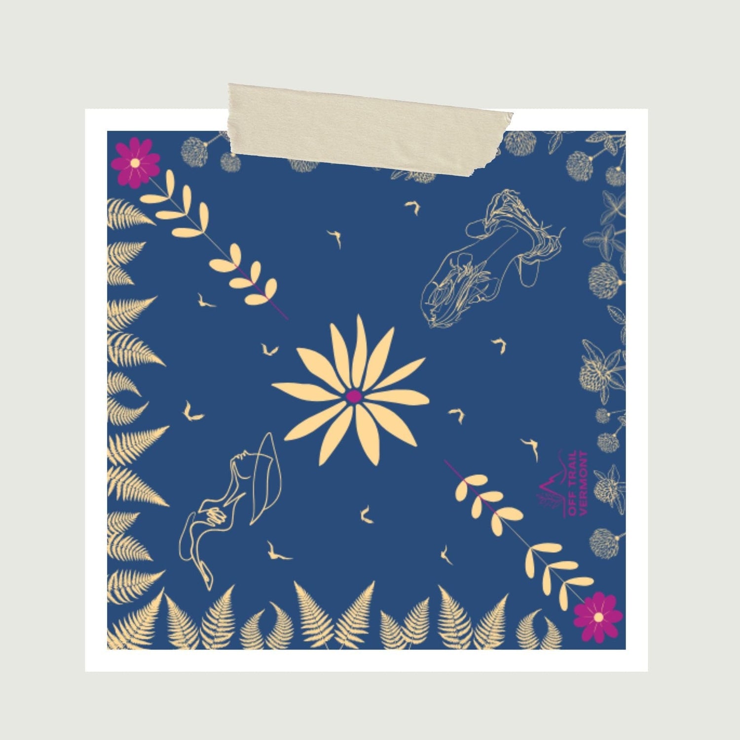 Blue bandana flat with floral designs on a gray background