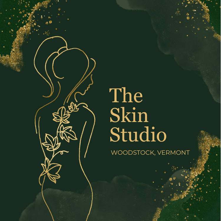 Silhouette of a woman with flowers on a dark green background with 'The Skin Studio' text.
