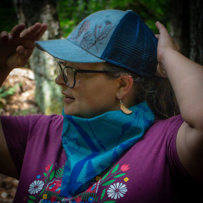Blue river bandana on woman by the river
