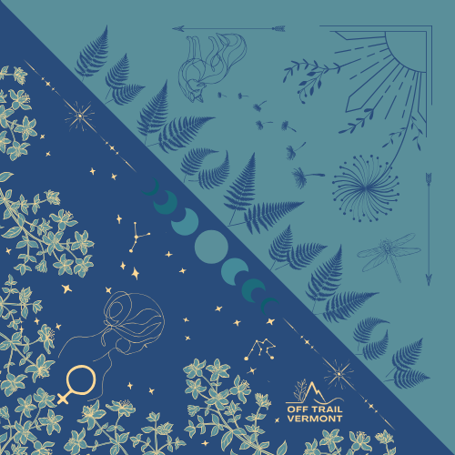 Blue two toned moon cycle bandana with female symbol flowers and ferns 