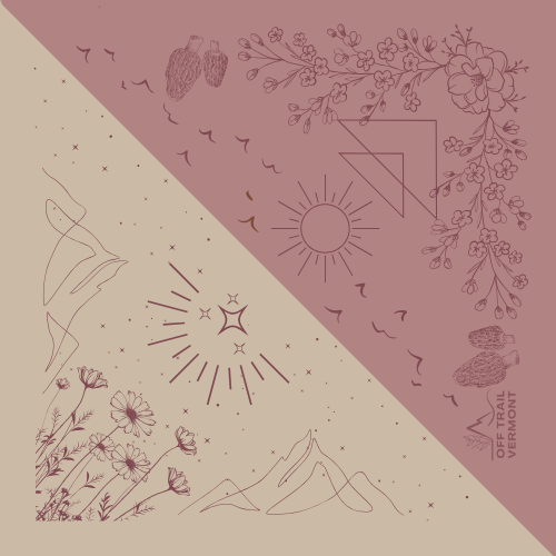 Pink and beige floral bandana with vermont morel mushrooms