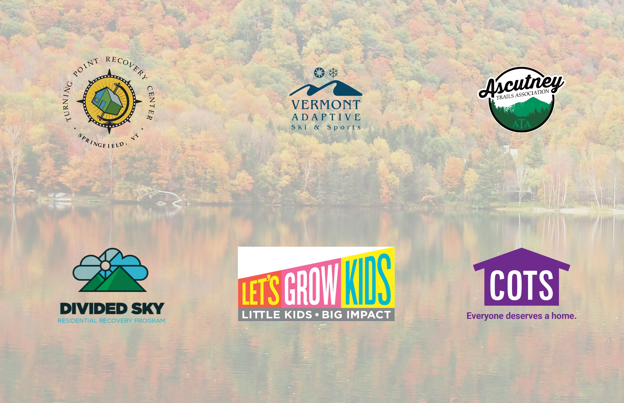 Logos of various vermont organizations over a scenic background of trees and water.