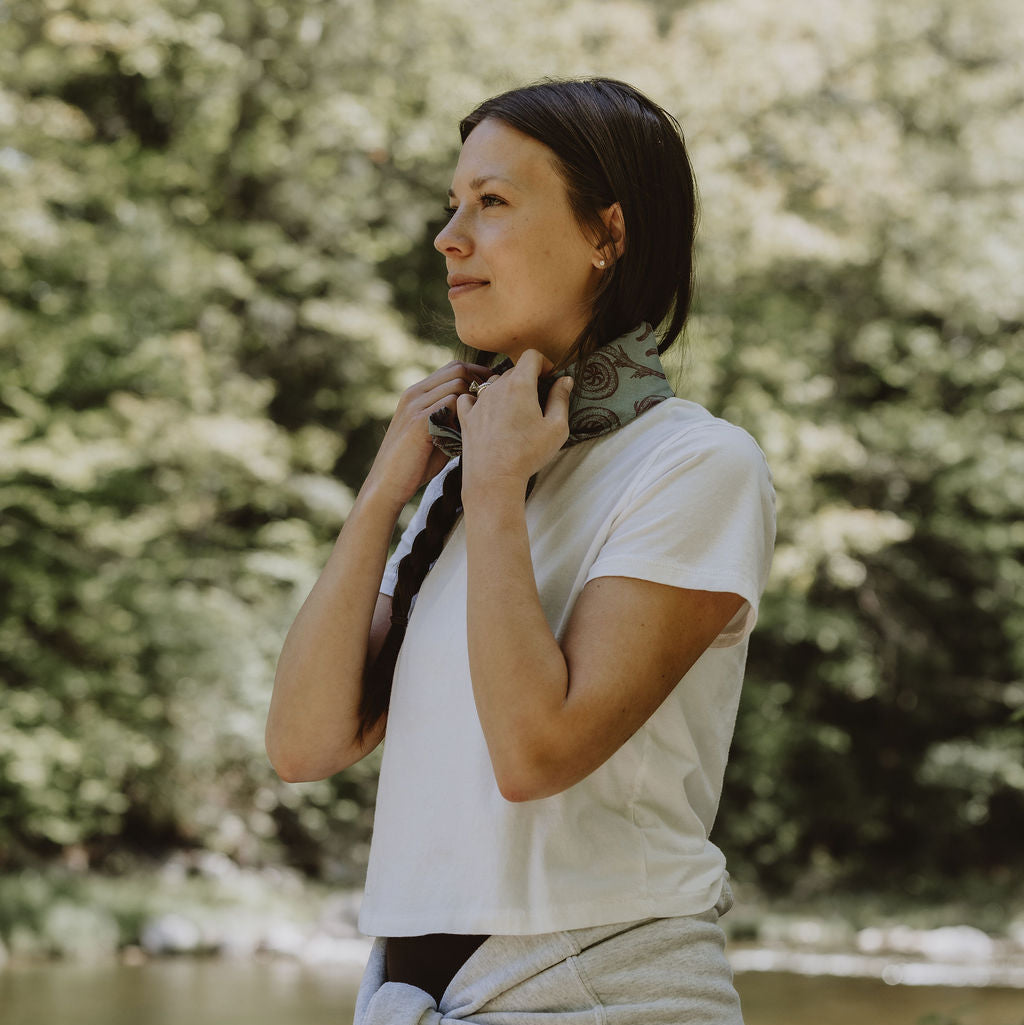 blue and red bandana for sweat by the river
