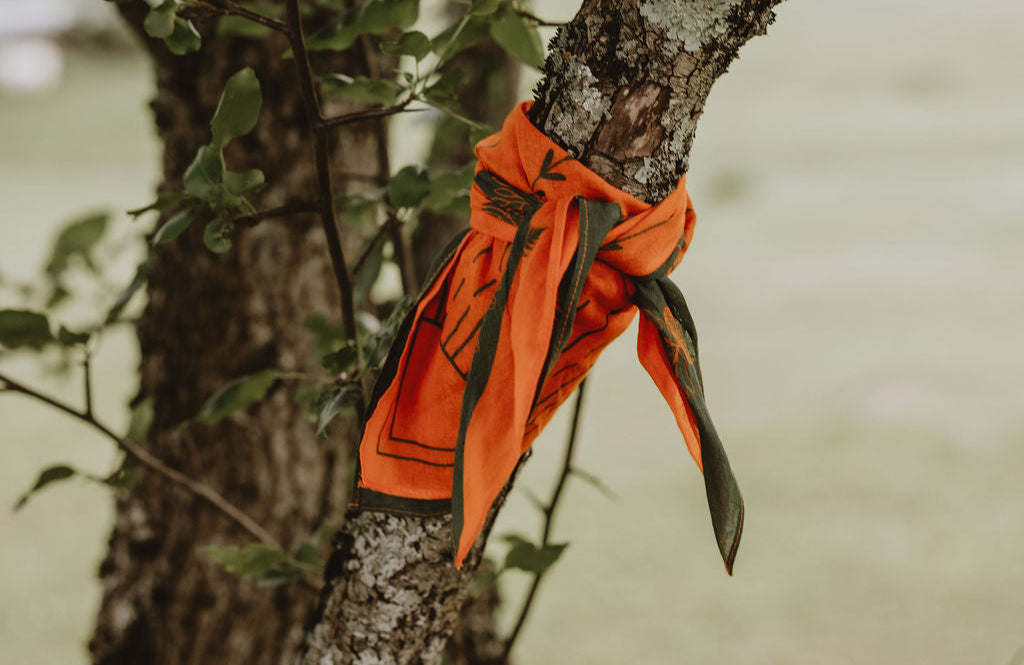 Orange hunting blind tied to a tree branch with a natural background